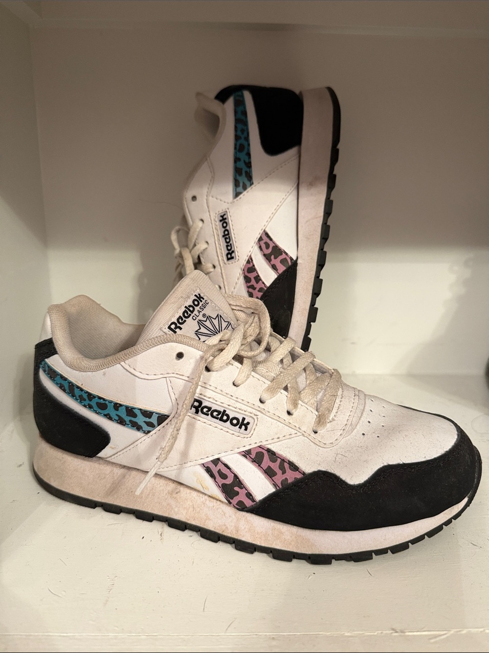 Reebok Women's White Sneakers with Pink & Teal Leopard Accents